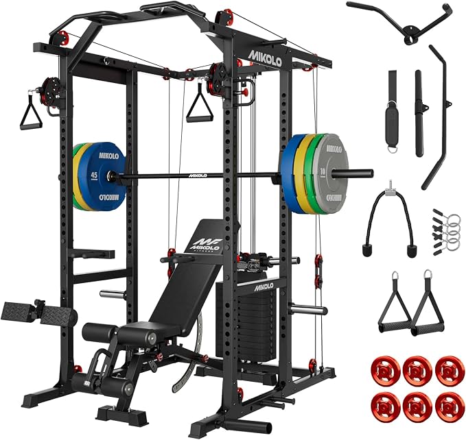 Mikolo K6 2.0 Power Cage, Power Rack with Cable Crossover System, 2000LBS Squat Rack with LAT Pull Down System, Functional Trainer with Aluminum Pulley System for Home Gym