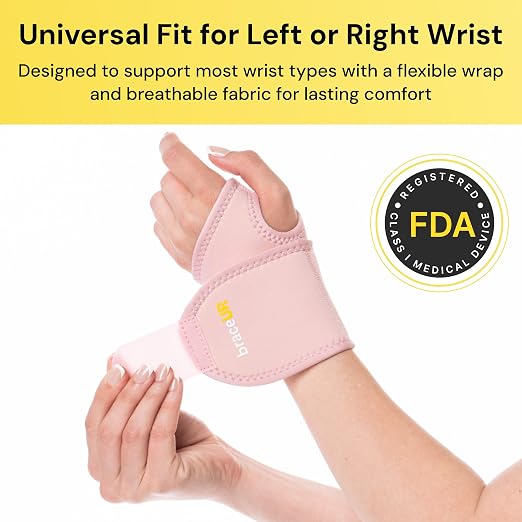 BraceUP Adjustable Wrist Wrap for Men and Women - Workouts Wrist Band, Carpal Tunnel Compression Wrist Brace, Tendonitis Wrist Splint, Left Right Hand One Size Adjustable (1, Pink)