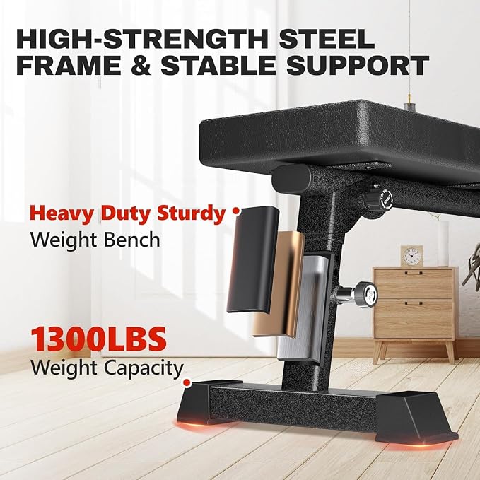 Weight Bench, Foldable Flat Bench with Gym Quality 1300 LBS Capacity | 5-Level Height, 2.5" Thick Cushion, Sturdy T-Legs, Compact Storage Flat Bench for Weight Training and Ab Exercises, Black