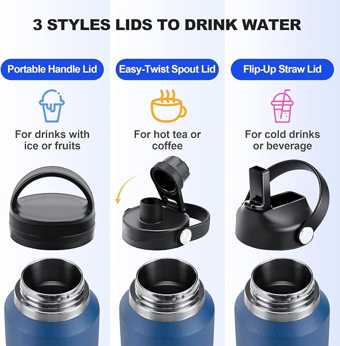 SENDESTAR 40oz Stainless Steel Water Bottle(Cold for 48 Hrs, Hot for 24 Hrs),Double Wall Vacuum Insulated Bottle with Straw Lid, Spout Lid and Flex Cap, Fit in Any Car Cup Holder，Grey-B