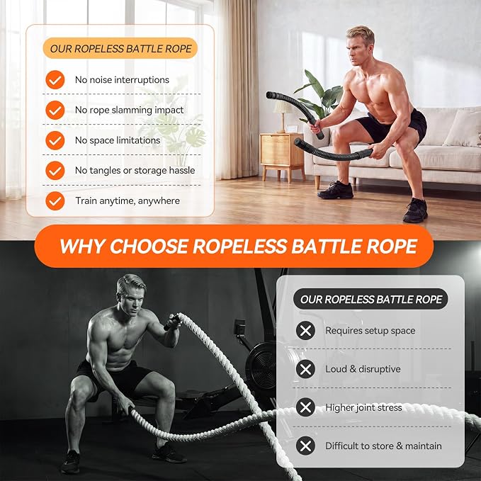 Ropeless Battle Ropes for Home Gym, 3 Adjustable Resistance, Heavy Duty Cordless Battle Ropes for HIIT, Full Body Workout, Men & Women, Black