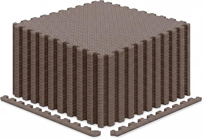 Tangkula 24 Tiles Exercise Flooring Mats with Border, Non-Slip EVA Foam Protective Mats, Elastic Puzzle Play Mats, 1/2" Interlocking Floor Mats for Home Gym, Fitness Room (Brown)