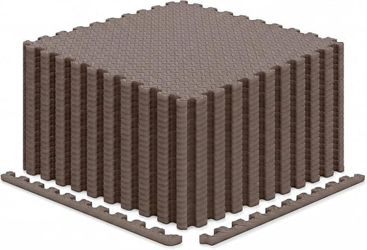 Tangkula 24 Tiles Exercise Flooring Mats with Border, Non-Slip EVA Foam Protective Mats, Elastic Puzzle Play Mats, 1/2" Interlocking Floor Mats for Home Gym, Fitness Room (Brown)
