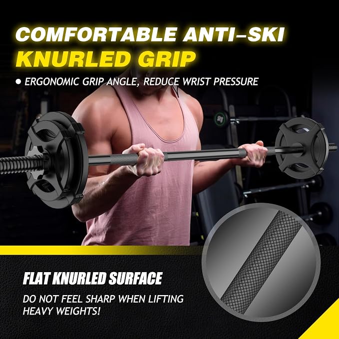 Weight Lifting Bar 57", 1" Standard Straight Barbell Bars Olympic Home Gym | Weightlifting/Strength Training/Squat/Bench Press/Deadlift/Lunges/Hip Thrusts, 2 Star Collars (480lb Weight Capacity)