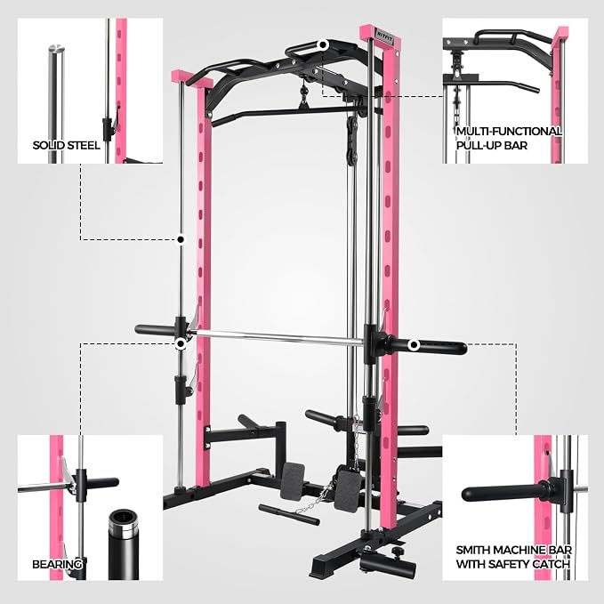 RitFit Smith Machine Power Rack with LAT-Pull Down System | Half Smith Machine with Landmine, Barbell Bar, Plate Storage Pegs and More Training Attachment