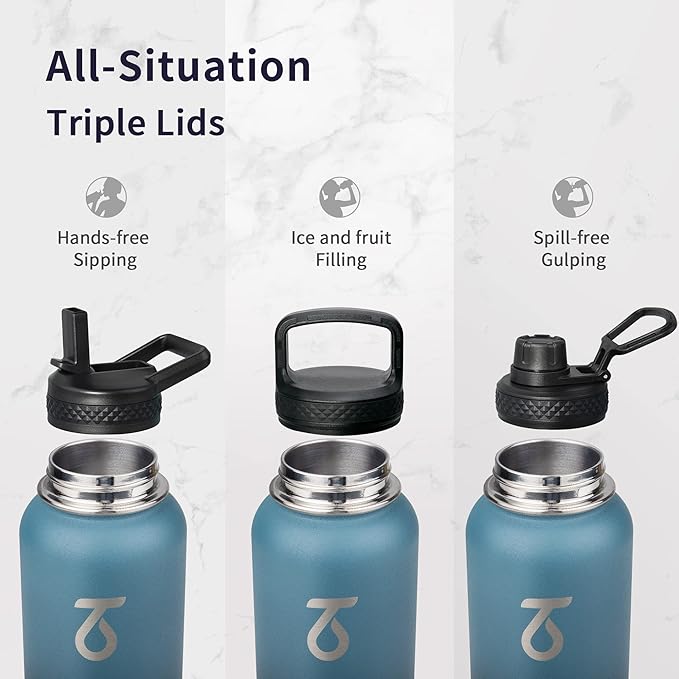 Trebo Water Bottle Insulated 40 oz with 3 Lids, Paracord Handle & Sleeve | Stainless Steel Flask Vacuum, Triple Wall Copper Plated, Dishwasher Safe, Keeps Cold 48Hrs for Hiking, Gym, Wide Mouth