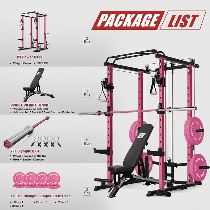 RitFit PPC-P3 Power Cage with Cable Crossover System, 1200LB Capacity | LAT Pulldown & Cable Crossover System with Bumper Plate Set, Olympic Barbell, Bench