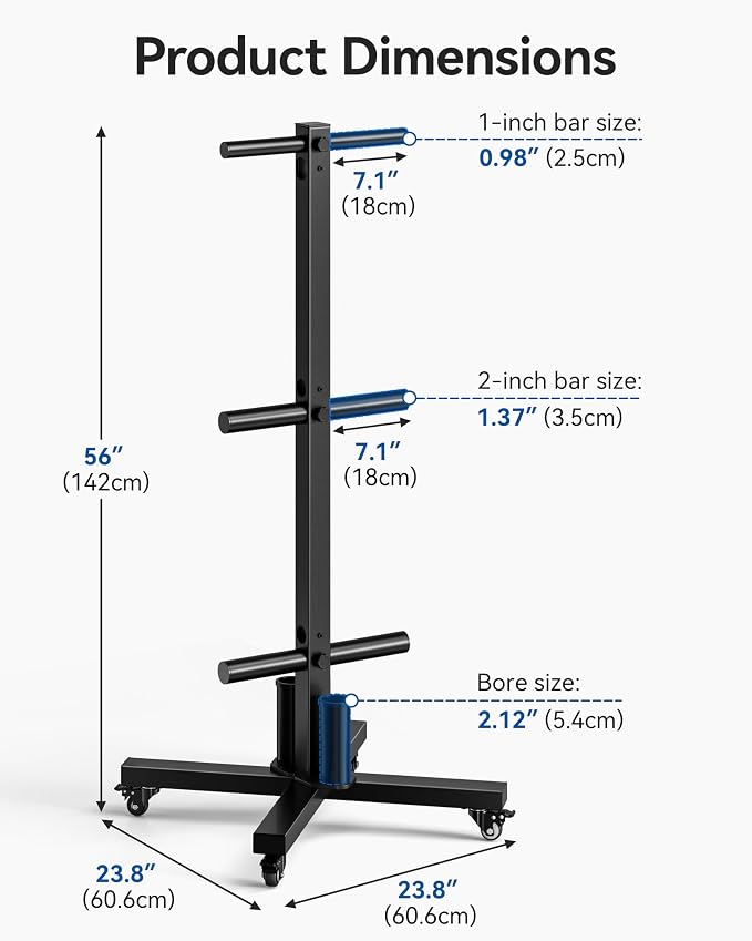 Movable Olympic Weight Plate Tree with 6 Metal Pegs | Fits 1" & 2" Weight Plates, Heavy Duty Storage Rack with Barbell Holders for Home & Garage Gym