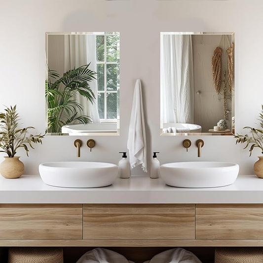 2 PCS 16×24 Beveled Wall Mirror Decorative Bathroom Vanity Mirror | Beveled Edge,Shatterproof Frameless Mirror,Modern Design,Rectangle