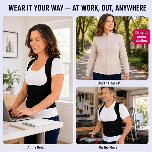 Fit Geno Posture Corrector for Women & Men, Upper Back Alignment Brace for Rounded Shoulders, 4 Flexible Fiberglass Support Stays, Breathable Mesh, Adjustable Fit for Desk Work & Daily Activities | 4 fiberglass stays with breathable mesh gently pull yo...
