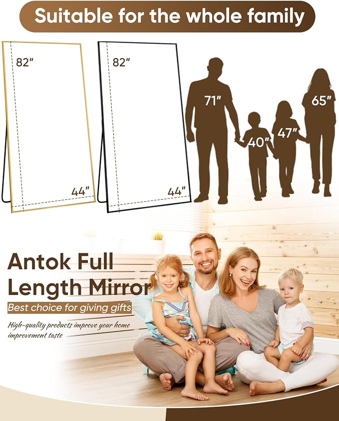 Antok Full Length Mirror, 82"x44" Floor Mirror, Floor Standing Freestanding Full Body Mirror with Stand for Bedroom, Hanging Mounted for Living Room Cloakroom, Black