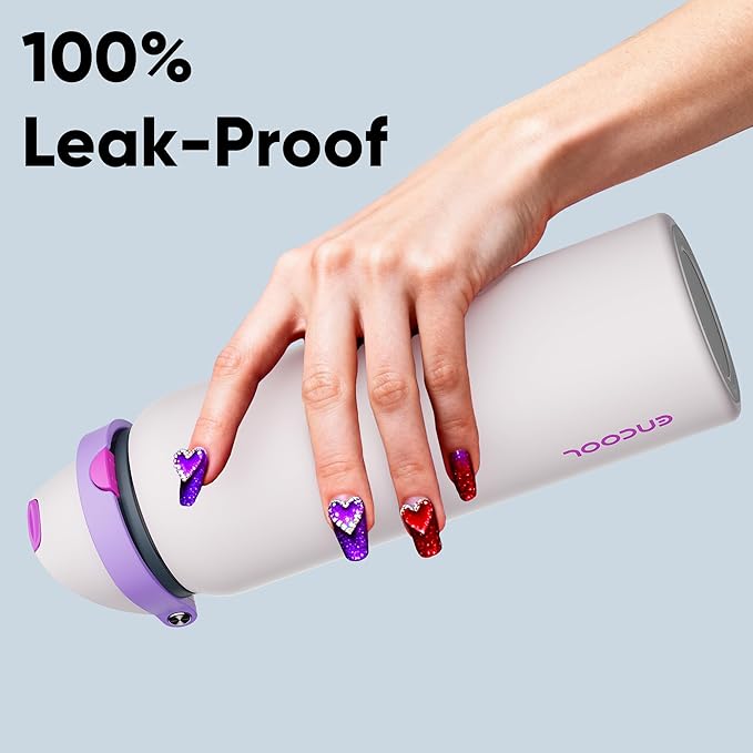 Insulated Water Bottle with Straw - Encool Stainless Steel Water Bottle with Push Button Lid, Leak-Proof & BPA-Free, Keeps Cold for 24 Hours for Sports, Travel, Gym (40 oz, Oyster Pink)