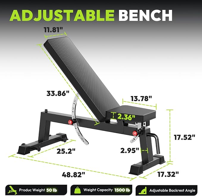 HANDBODE Adjustable Weight Bench, 1500 lb Incline Workout Bench, Home Gym | 0 To 85 Degree Backrest, Three Seat Angles, Steel Frame, Wheels And Handle, Foldable Storage, Chest Presses, Dumbbell Rows