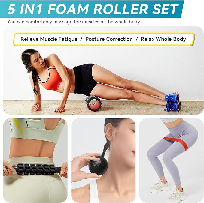 Krightlink 5-in-1 Foam Roller Set High Density Deep Tissue Muscle Massage | Muscle Recovery Kit Exercise Roller, Massage Ball, Resistance Band & Carry Bag for Physical Therapy & Pain Relief Black