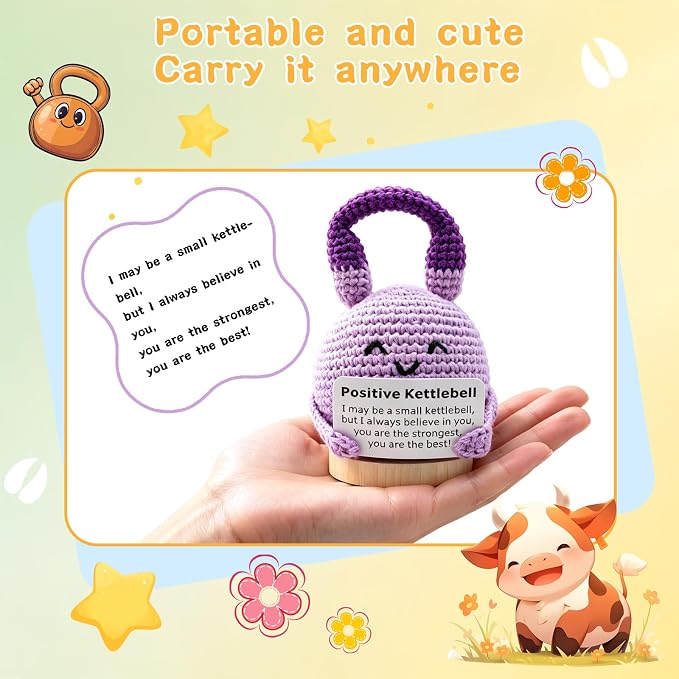 Crochet Knitted Kettlebell, 3.54 Inch Positive Kettlebell with Encouraging Card, Unique Fitness Themed Gift for Home Office Room Desktop Decoration