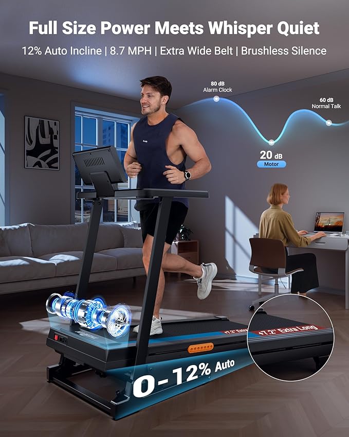 THERUN Incline Treadmill, Treadmill with Incline Brushless Motor Treadmill | 12% auto incline, 8.7MPH, quiet brushless motor, foldable treadmill with cup holder, heart rate monitor, computer holder