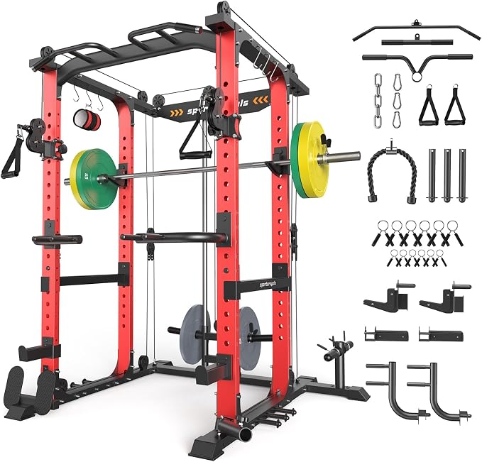 SPORTSROYALS Power Rack, Multi-Functional Power Cage, Squat Rack with Pulley System & LAT Pull Down, Workout Cage with J Hooks for Home Gym