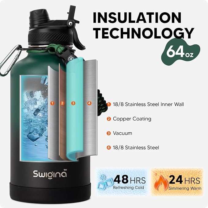 Swigina Insulated Water Bottle with Silicone Boot (36hrs Cold/18hrs Hot) - DIY Stickers, [2-in-1 Lid], BPA Free, 64 oz