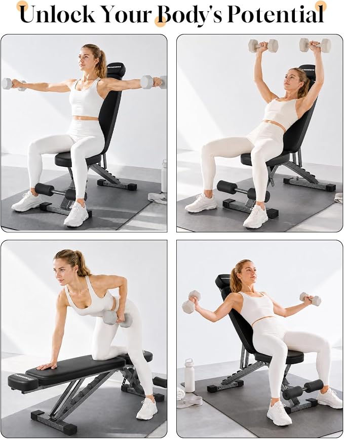 Fitness Bench, Adjustable, Comfortable, Fashionable, Foldable and Extended Headrest with 192 Positions Incline Decline 900LBS Home Gym Bench for Strength Training