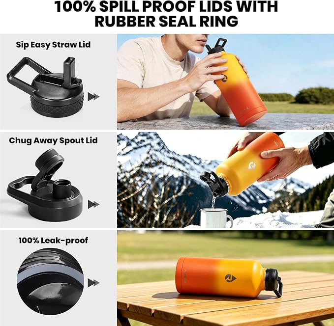 RAYMYLO Insulated Water Bottle 87 oz, Triple Wall Vacuum Stainless Steel | Cold for 48 Hrs), Leak Proof & Non-BPA, Modern Water Flask Jug with Paracord Handle & Straw Spout Lids, Ombre Orange