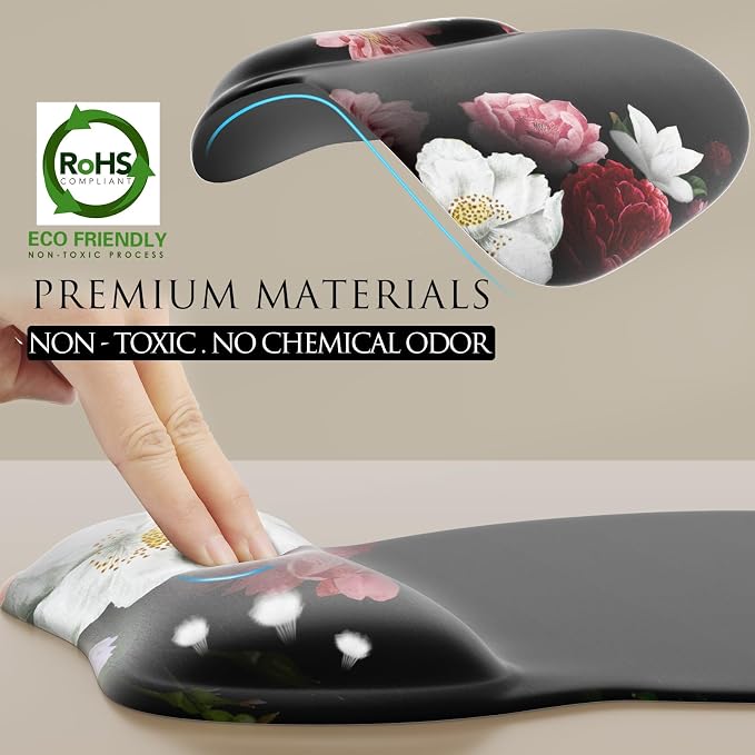 MROCO Ergonomic Mouse Pad with Gel Wrist Rest, 9.4 x 8.1 in, Black Flower | Ergonomic Shape Design, Multiple Pattern Options, Gel Wrist Comfort, Smooth Lycra Surface, Non-Slip PU Base