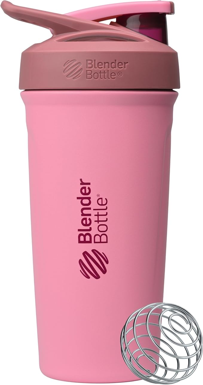 BlenderBottle Sport Shaker Cup Insulated Stainless Steel Water Bottle with Wire Whisk, 24-Ounce, Pink