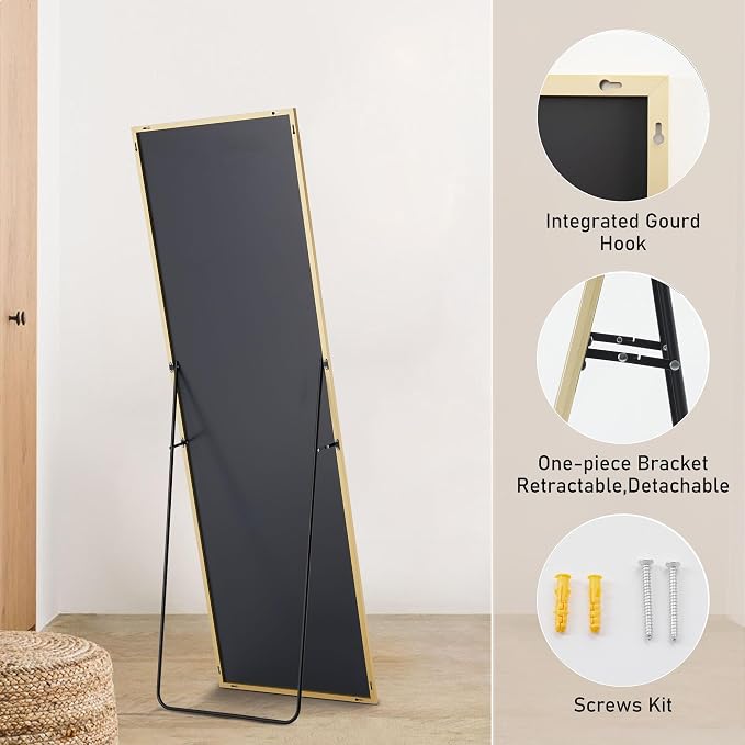 OLIXIS Full Length Mirror for Bedroom, 65"x24" Full Body Mirror with Stand | Hanging or Leaning for Wall, Aluminum Alloy Thin Frame Floor Standing for Living Room, Long, Gold