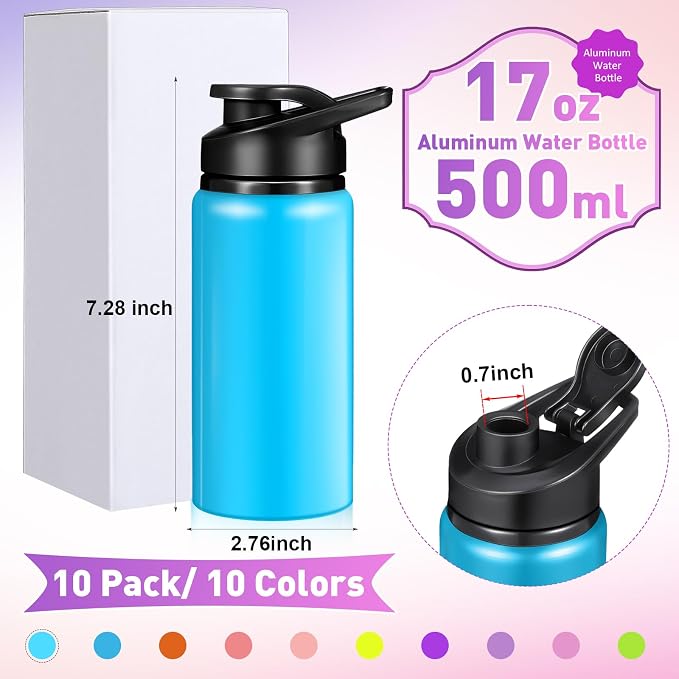 Mimorou 10 Pack Aluminum Water Bottles Bulk 17oz Reusable Leak-Proof Lightweight Sport Bottles Set for Travel Gym Team Camping & Party Favors, 10 Colors