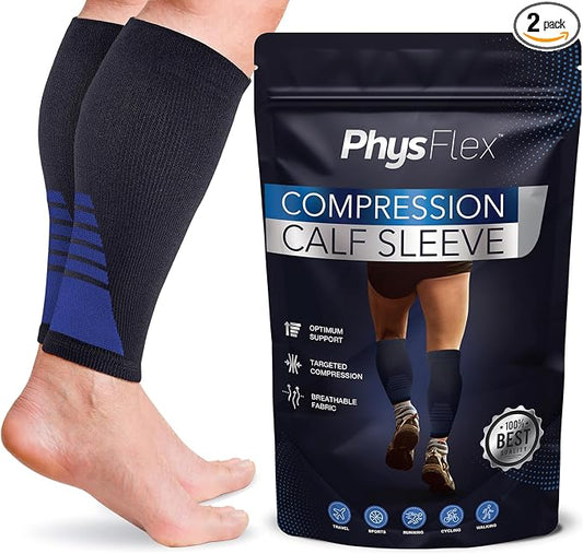 Calf Compression Sleeves for Men and Women - (1 Pair) Footless Compression Socks Support for Varicose Vein, Nursing, Pregnancy, Running - PhysFlex Leg Sleeve Brace for Shin Splints, Pain Relief and
