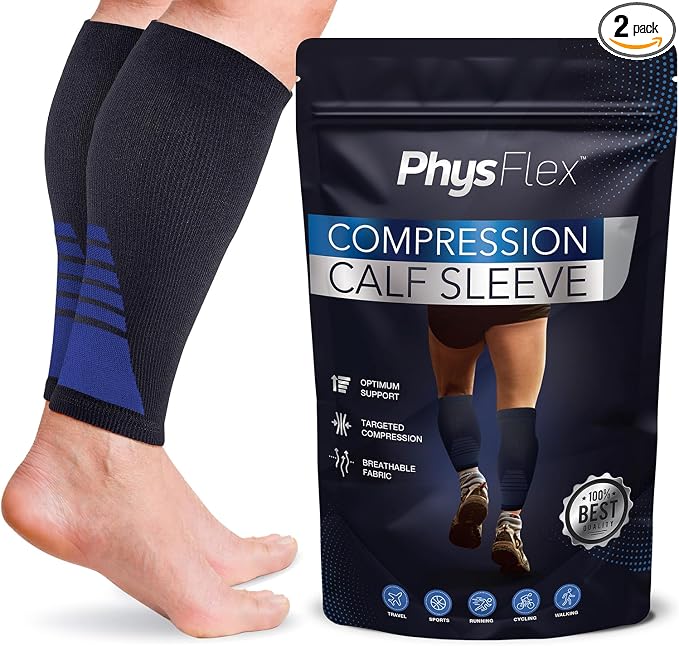 Calf Compression Sleeves for Men and Women - (1 Pair) Footless Compression Socks Support for Varicose Vein, Nursing, Pregnancy, Running - PhysFlex Leg Sleeve Brace for Shin Splints, Pain Relief and