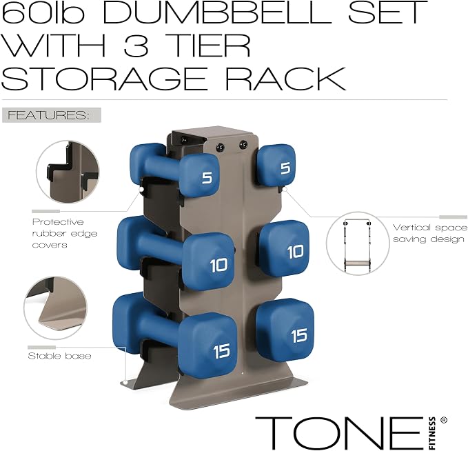 Tone Fitness Neoprene Dumbbell Set with Storage Rack – Non-Slip, Anti-Roll Hand Weights for Home Gym Workouts | 20 lb, 32 lb, 50 lb, 60 lb & 100 lb Options