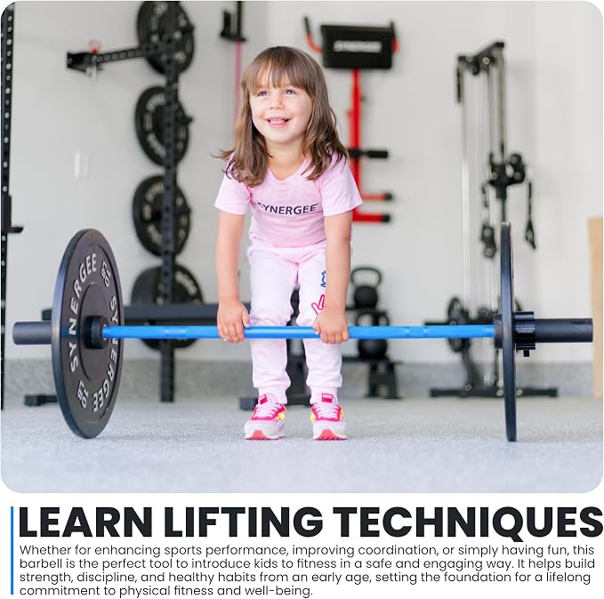 Synergee Kids Barbell – 5 lb Youth Bar in Blue Orange Pink