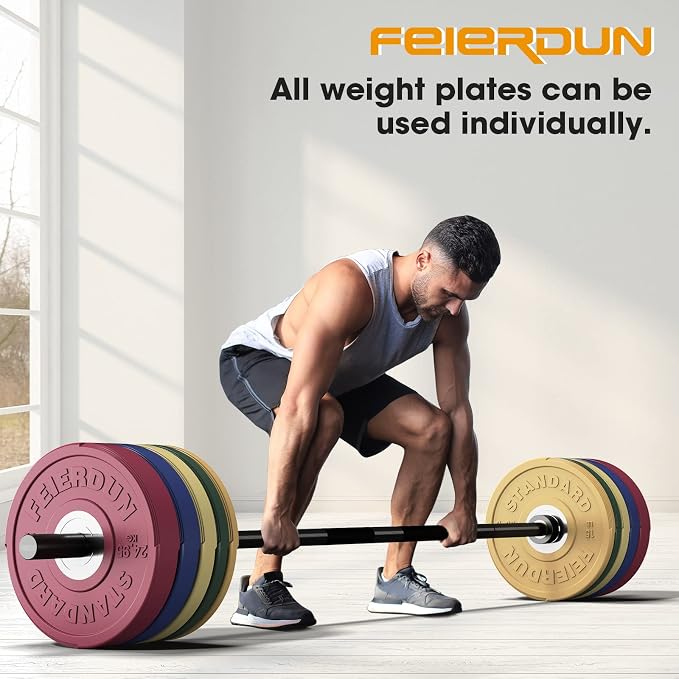 FEIERDUN Color Bumper Plate Set, 2-Inch Olympic Weight Plates, Low Bounce Rubber Barbell Plates with Stainless Steel Insert for Weightlifting, Strength Training, CrossFit & Home Gym, 10LB-370LB