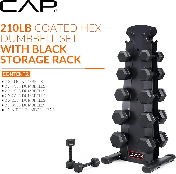 CAP Rubber Coated Hex Dumbbell Set with Storage Rack | 100–210 lb Options, Space-Saving Vertical Compact Storage for Home Gym Strength Training