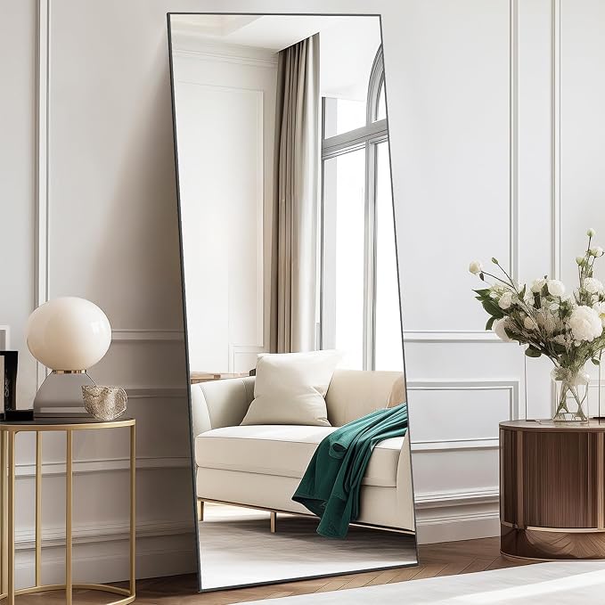 DUMOS 64"x21" Full Length Mirror, Full Body Mirror, Black | Aluminum Alloy Thin Frame, Leaning or Hanging, Suitable for Bedroom, Livingroom, Cloakroom