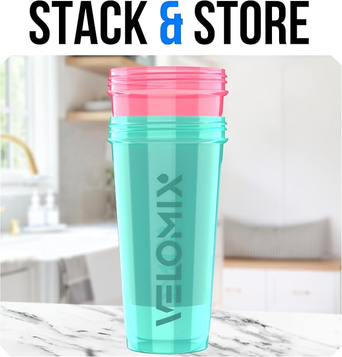 VELOMIX 2 Pack 28oz Protein Shaker Bottle for Protein Mixes, Pink/Turquise | 2x Wire Whisk, Leak Proof Shaker Cups for Protein Shakes, Stackable, Dishwasher safe, BPA free, Pre Workout and Fitness ready