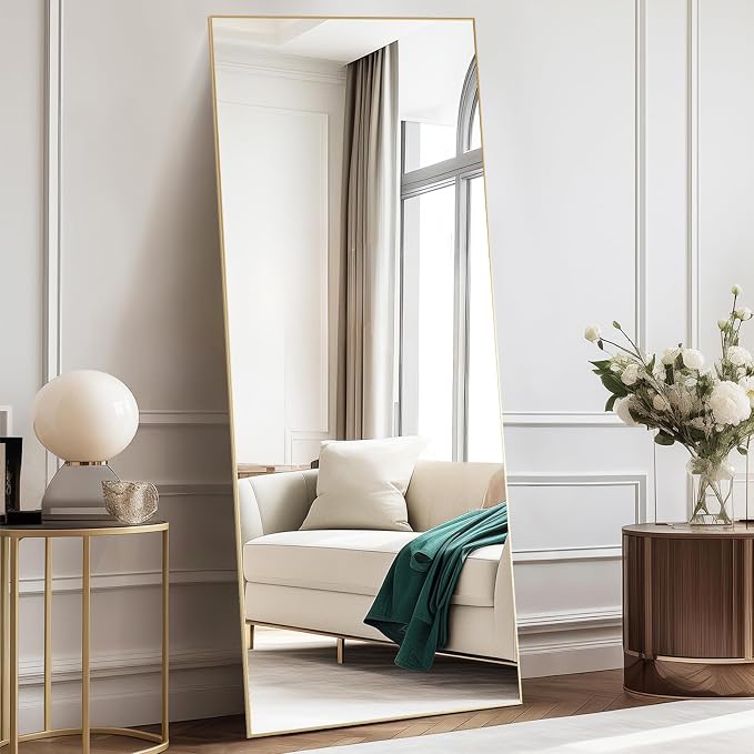 DUMOS 64"x21" Full Length Mirror, Full Body Mirror, Gold | Aluminum Alloy Thin Frame, Leaning or Hanging, Suitable for Bedroom, Livingroom, Cloakroom