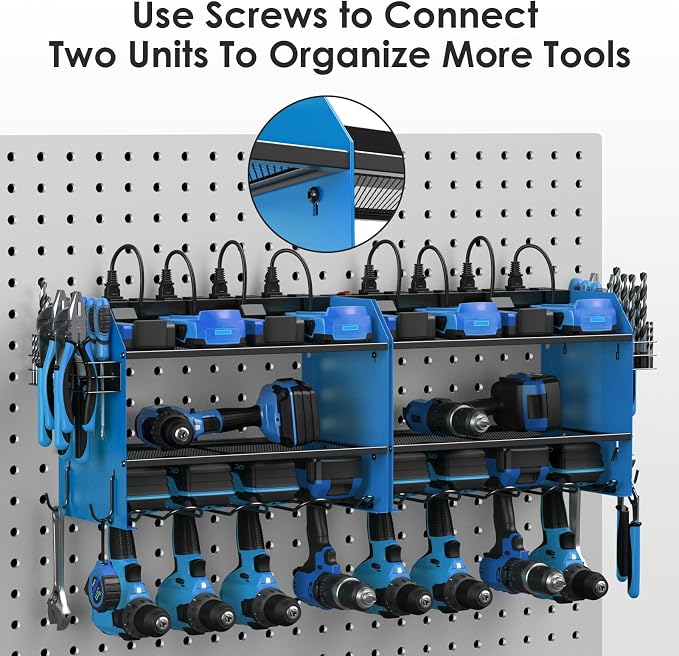 CCCEI Wall Mount Modular Tool Charging Organizer, Blue, 1 Pack, 3 Tier. | Drill Battery Storage Rack with Hooks, Garage Workshop, Gifts for Men, Dad, Husband Anniversary, Birthday, Christmas