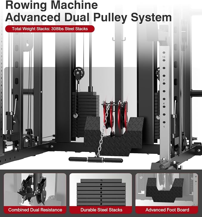 DONOW Smith Machine with Weight Stacks Home Gym System Cable Crossover | Multi Function, All in One, Heavy Duty, Lat Pulldown Bench, Hip Thrust Attachment, Smooth Smith Bar and Cable System