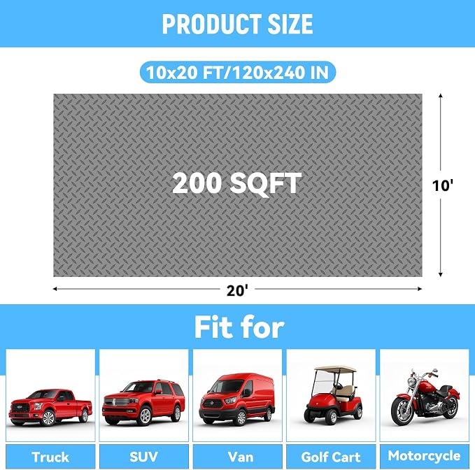 10x20 FT Garage Floor Mat, 2.8mm Thickened Diamond Plate | PVC Flooring Roll for Under Car/Garage/Warehouse/Basement/Gyms/Trailer, 200 SQFT Garage Mat, Tapes Included, Gray