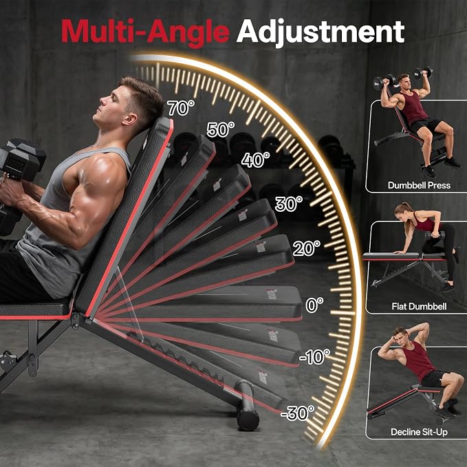 PASYOU Adjustable Weight Bench, 660LB Capacity Foldable Workout Bench, Incline Flat Bench Press for Home Gym, Dual-Frame Strength Training Bench, No Assembly Required, Wider Seat