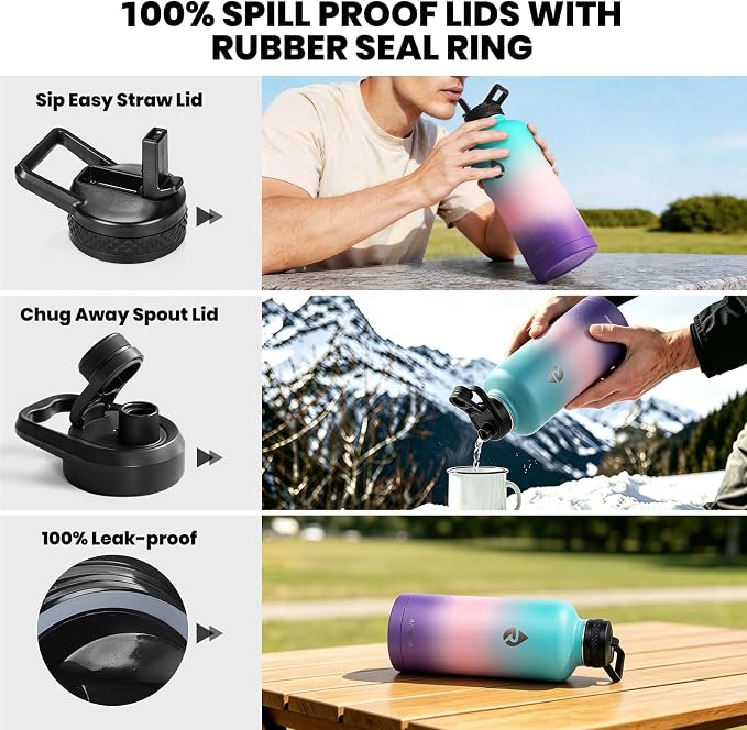 RAYMYLO Insulated Water Bottle 87 oz, Triple Wall Vacuum Stainless Steel | Cold for 48 Hrs), Leak Proof & Non-BPA, Modern Water Flask Jug with Paracord Handle & Straw Spout Lids, Hydrangea