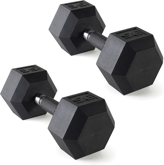 CAP Rubber Coated Dumbbell Weights, Free Weights for Home Gym Strength Training, Anti-Roll Hex Dumbbells with Black, Chrome & Comfort Grip Handles, Pairs & Sets