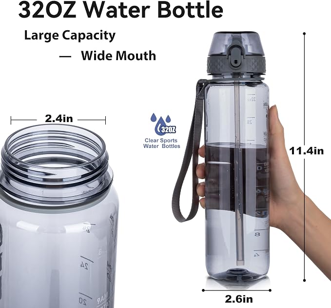GOPPUS 32 oz Clear Water Bottle with Straw, BPA Free Tritan Water Bottle, Leakproof Clear Motivational Water Bottle, Wide Mouth Sports Water Bottle for Gym, Hiking, School, Office