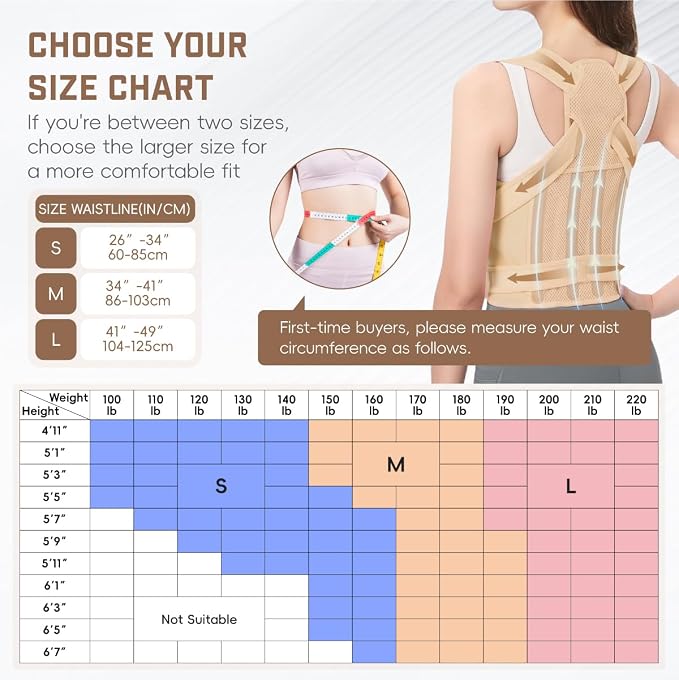 Back Brace Posture Corrector for Women & Men, Adjustable Shoulder Straightener with Full Back Support, Relief for Lower & Upper Back Pain, Hunchback & Scoliosis (Beige, Small)