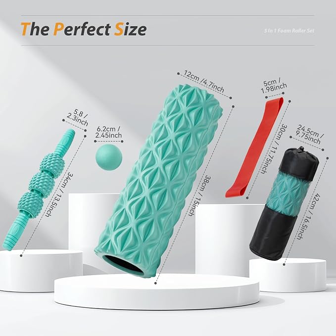 5 in1 Foam Roller Set High Density 15" Foam Roller for Muscle Recovery | Deep Tissue Muscle Massage Foam Roller for Exercise, Massage Roller, Massage Ball, Stretching Strap, for Whole Body Aqua