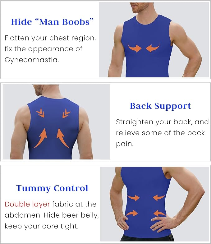 Compression Shirt Men Slimming Body Shaper Vest Crewneck Workout Tank Top | Tummy Control Undershirts, Gynecomastia Compression Shirts, Back Support, Sleeveless Muscle Shirts, Shaping Tank Top