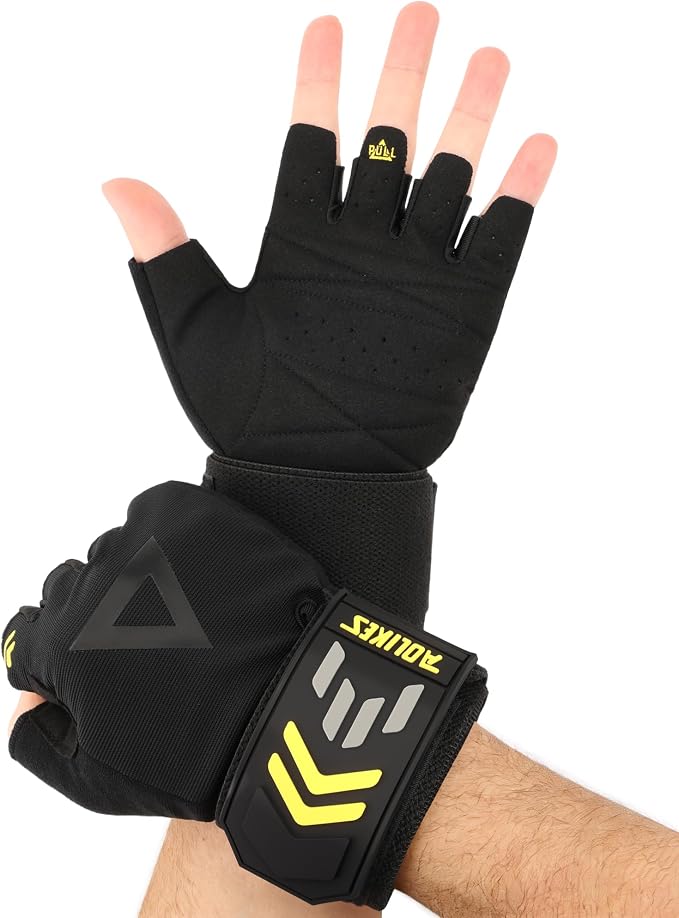 2-in-1 Workout Gloves, Weight Lifting Gloves with Wrist Wrap Support for Men & Women, Ventilated Fingerless Padded Gym Glove for Weightlifting Pull-Ups & Fitness Training