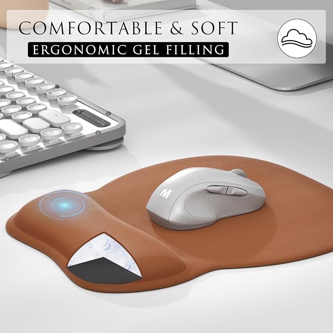 MROCO Ergonomic Mouse Pad with Gel Wrist Rest, 9.4 x 8.1 in, Coffee Brown | Ergonomic Shape Design, Multiple Pattern Options, Gel Wrist Comfort, Smooth Lycra Surface, Non-Slip PU Base
