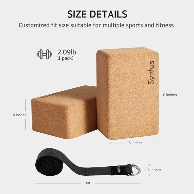 Syntus Yoga Block and Yoga Strap Set, Soft Non-Slip Yoga Blocks 9×6×4 inches, 8FT Metal D-Ring Strap for Yoga, General Fitness, Pilates, Stretching and Toning